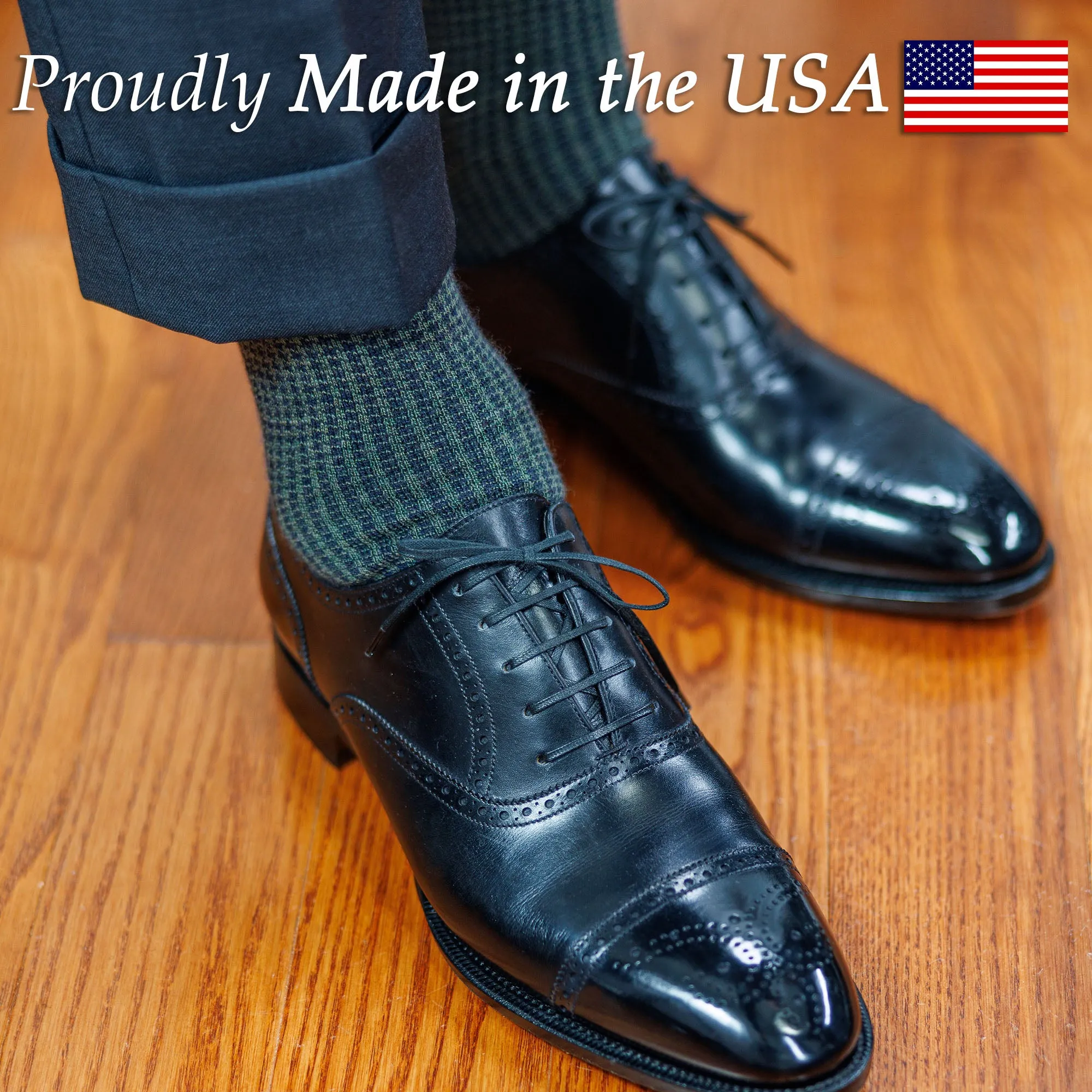 Olive and Navy Houndstooth Merino Wool Mid-Calf Dress Socks