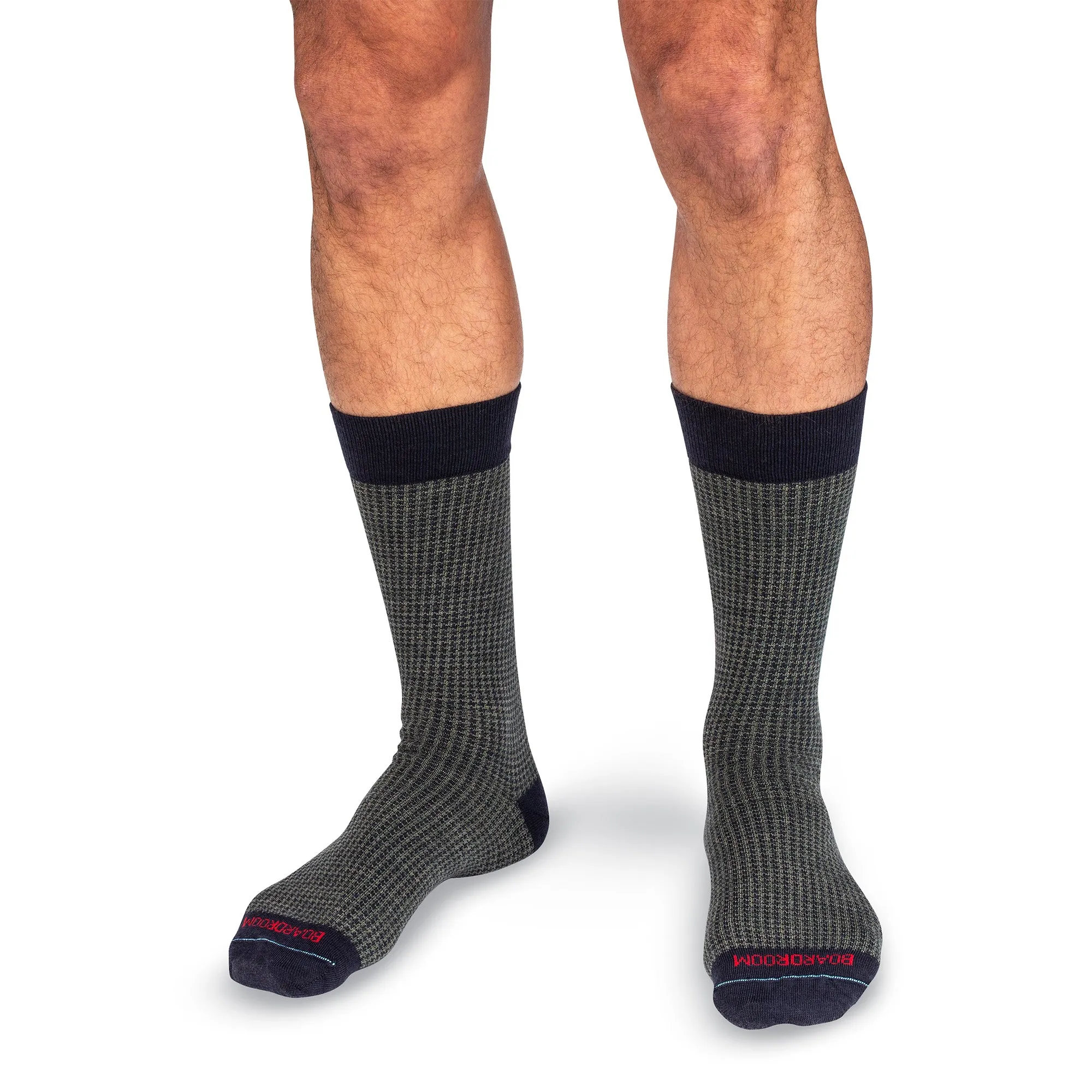 Olive and Navy Houndstooth Merino Wool Mid-Calf Dress Socks