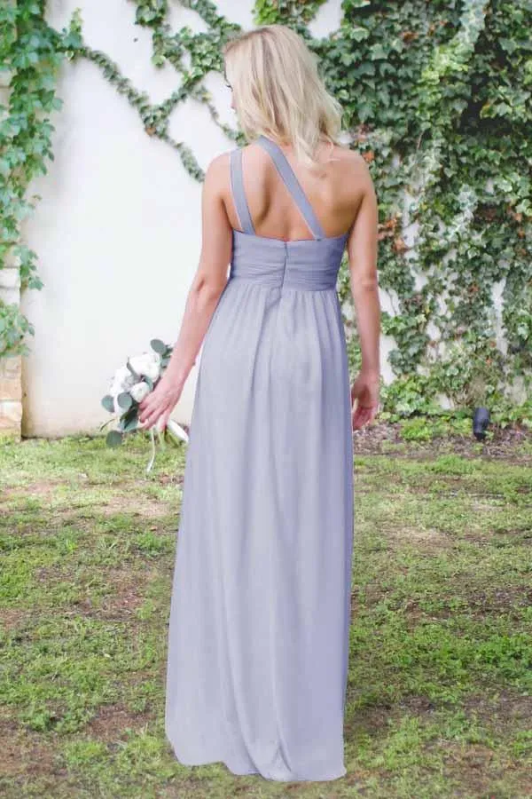 One-Shoulder Floor-Length Open Back Gray Chiffon Bridesmaid Dress BD037