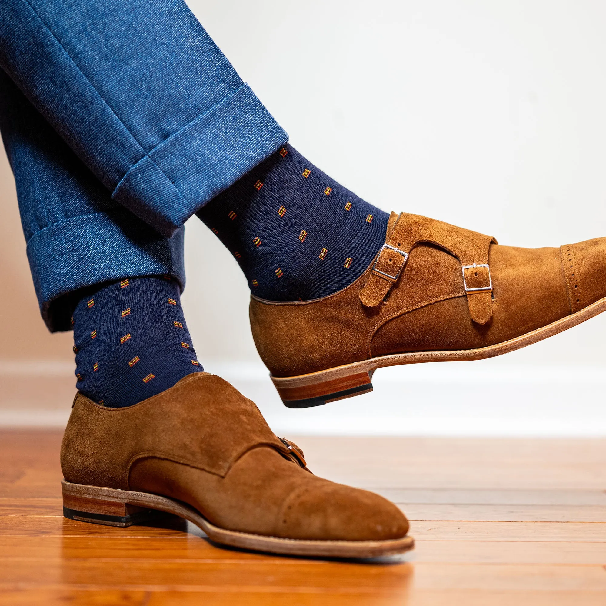 Orange Square Knots on Navy Merino Wool Mid Calf Dress Socks