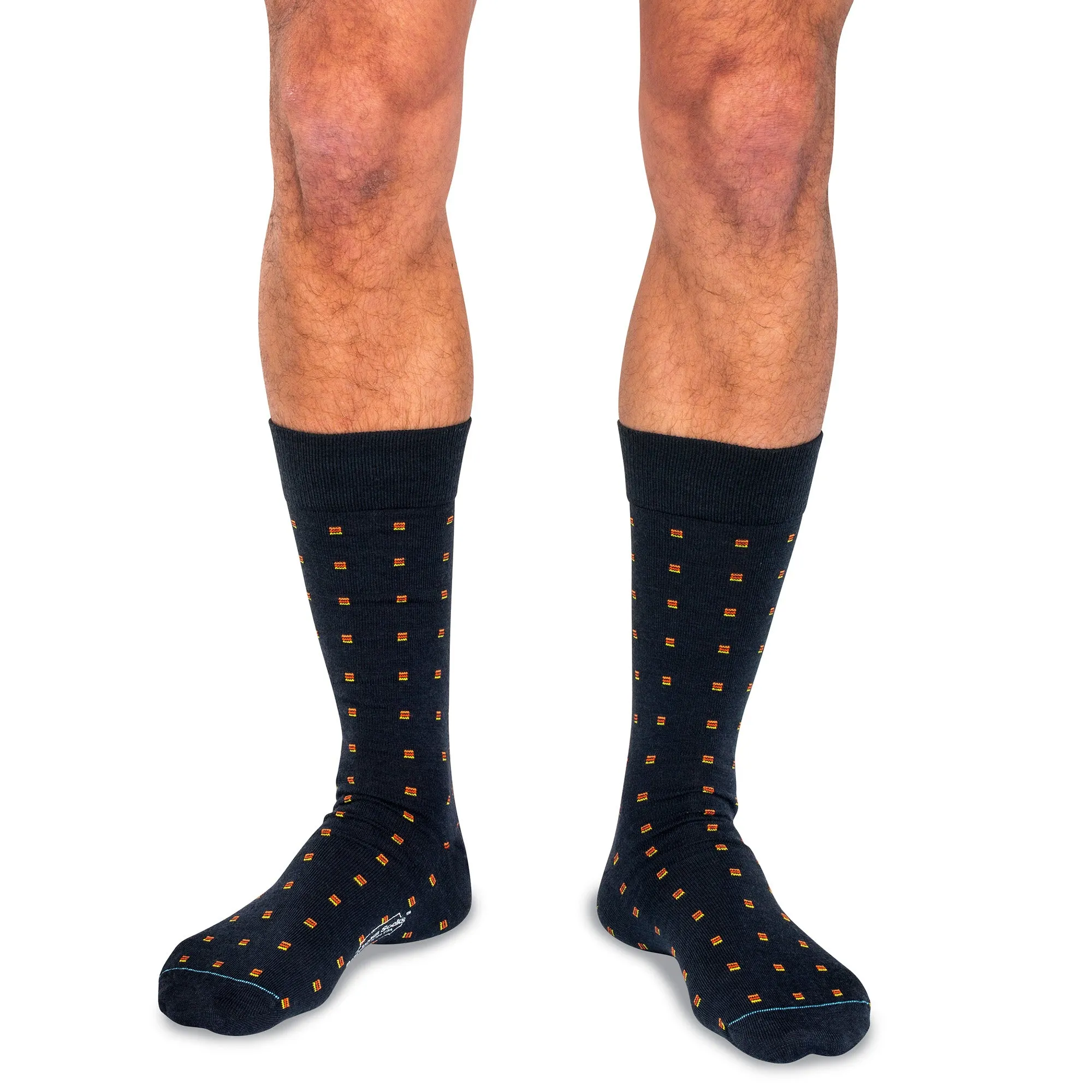 Orange Square Knots on Navy Merino Wool Mid Calf Dress Socks