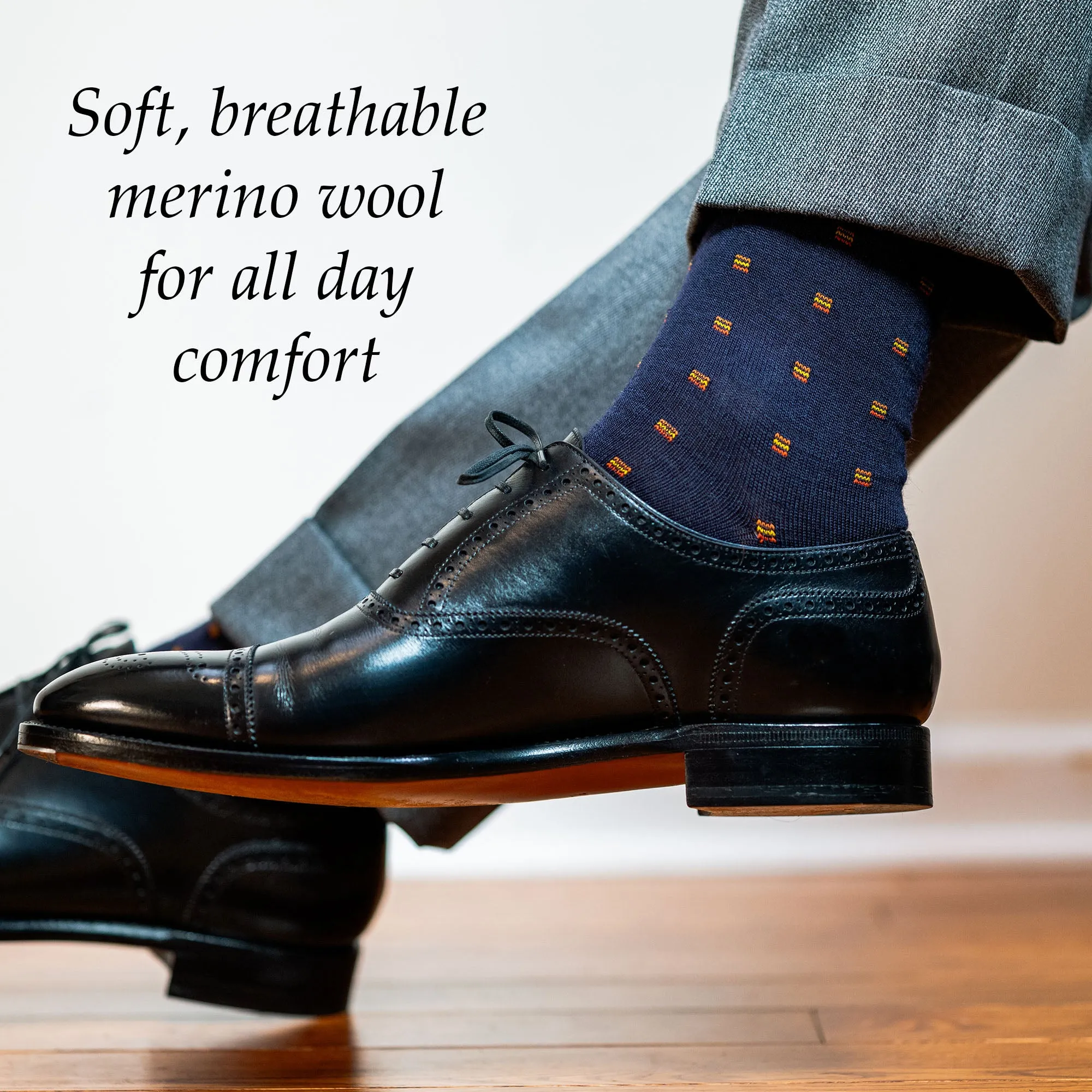 Orange Square Knots on Navy Merino Wool Mid Calf Dress Socks