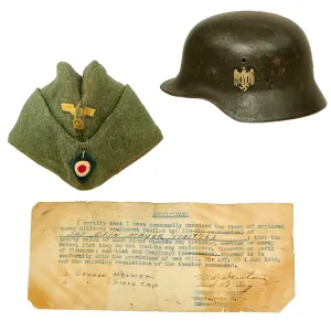 Original German WWII Documented USGI Bring Back Set - Army Heer M40 Single Decal Helmet & Kriegsmarine Coastal Artillery M38 Cap