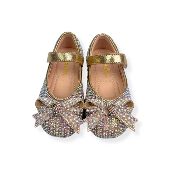 Pearl & Rhinestone Flat Shoes - Gold