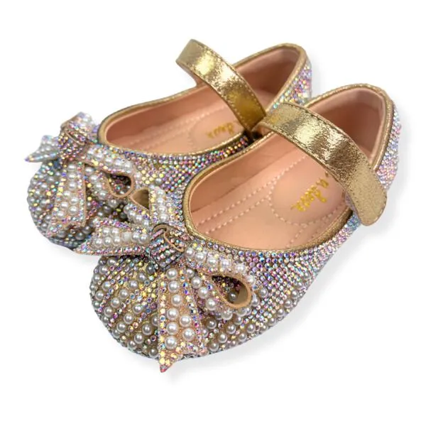 Pearl & Rhinestone Flat Shoes - Gold