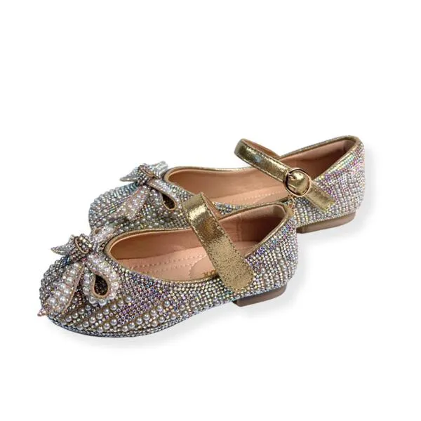 Pearl & Rhinestone Flat Shoes - Gold