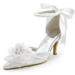 Pearls Women Wedding Shoes With Ribbons Lace Up Party Shoes Pointed Toes, S030