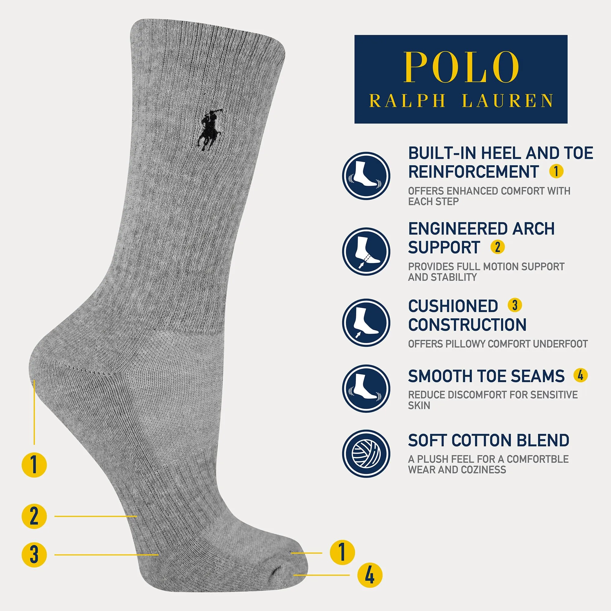 Polo Women’s Performance Cotton Crew Socks - 6 Pair Pack - Breathable Mesh & Sport Cushioning