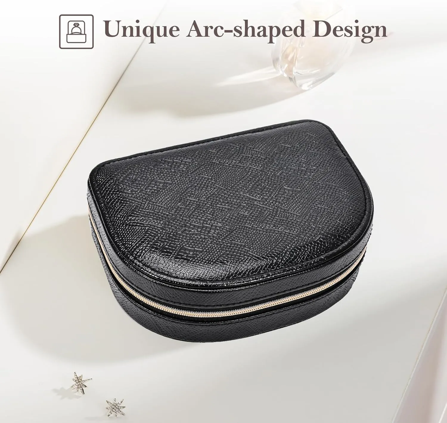 ProCase Portable Jewelry Box, Small Travel Double Layer PU Leather Mini Jewelry Display Case Earring Necklace Bracelet Ring Organizer Holder Box for Women Girl -Black