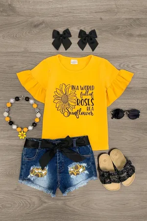 "In A World Full Of Roses Be A Sunflower" Denim Short Set