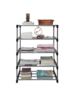 RAXON WORLD Multipurpose 5 Layer Heavy Duty Open Metal Book/Shoe/Cloth Foldable Rack for Anywhere Use