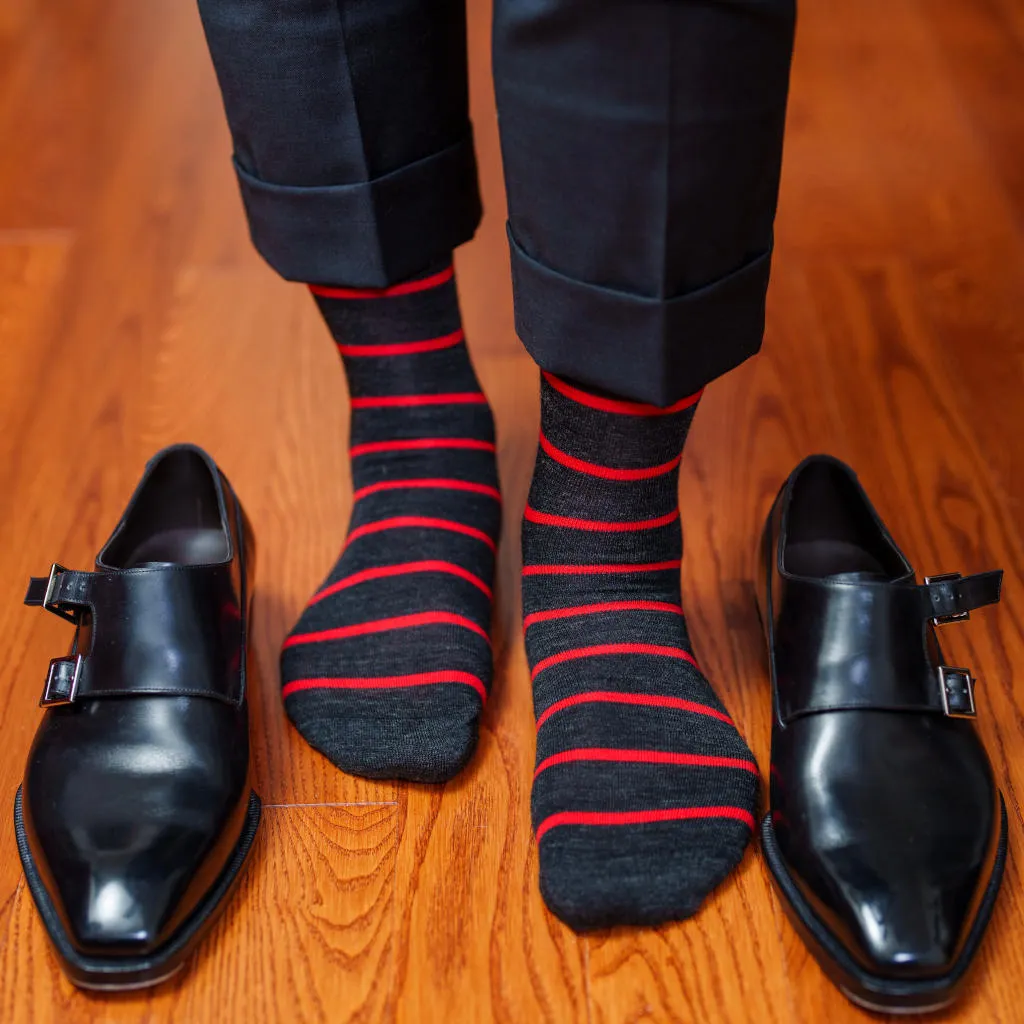 Red and Charcoal Striped Merino Wool Mid Calf Dress Socks