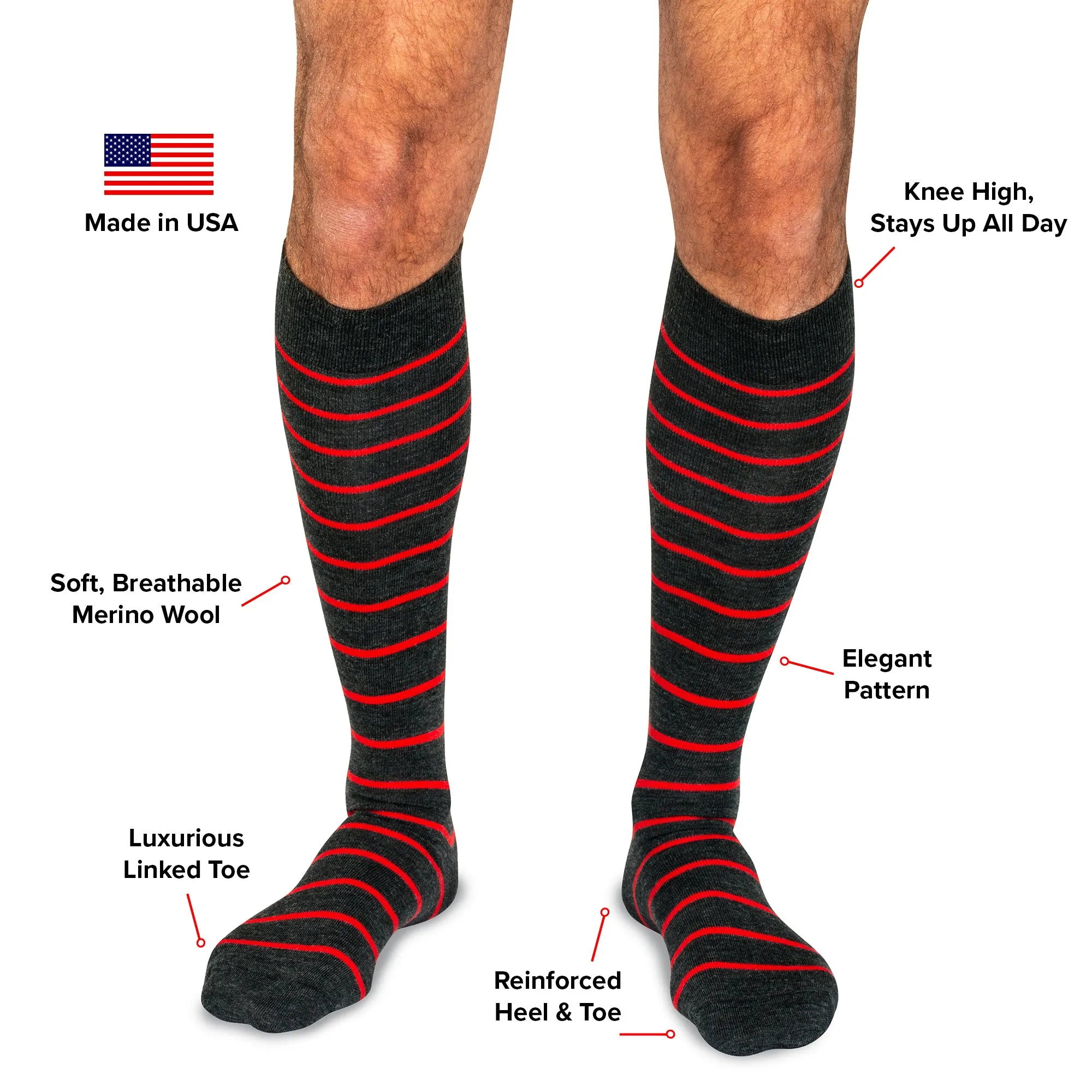 Red and Charcoal Striped Merino Wool Over the Calf Dress Socks