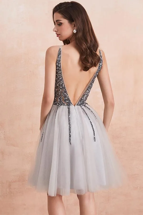 Sequins Beaded V-neck Tulle Short Prom Dresses Gray Homecoming Dresses  PD336