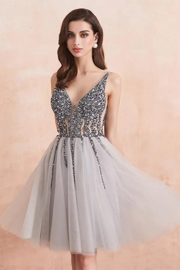 Sequins Beaded V-neck Tulle Short Prom Dresses Gray Homecoming Dresses  PD336