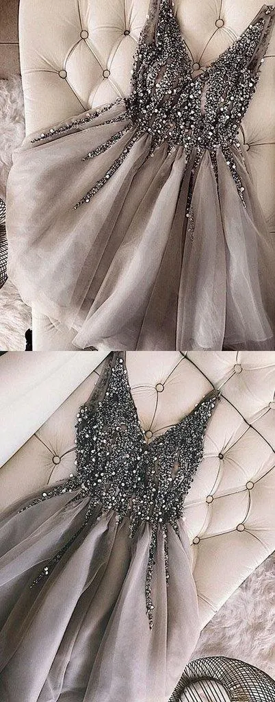 Sequins Beaded V-neck Tulle Short Prom Dresses Gray Homecoming Dresses  PD336