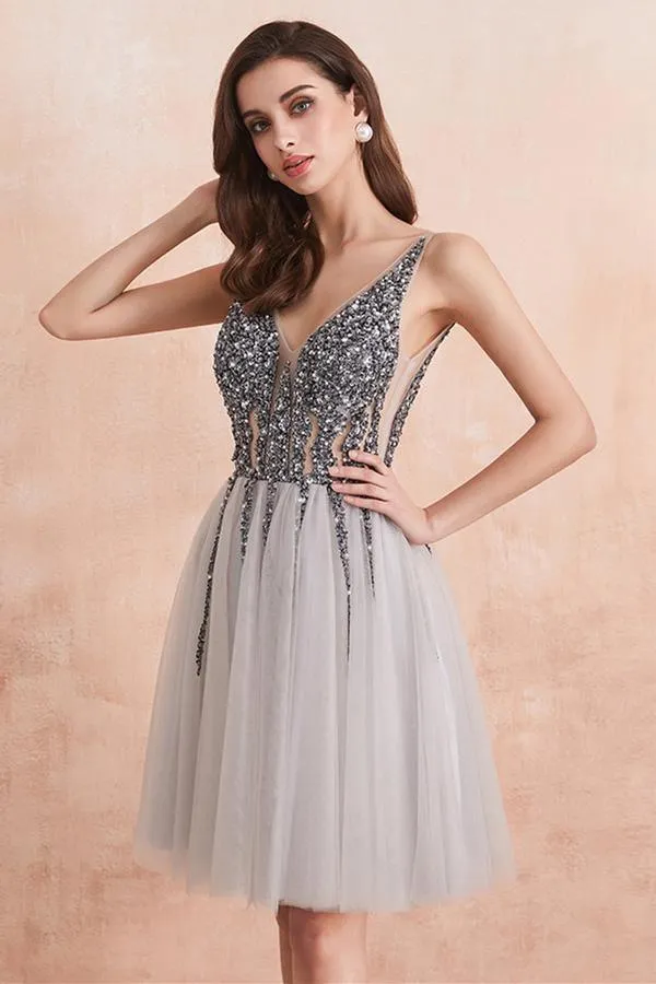 Sequins Beaded V-neck Tulle Short Prom Dresses Gray Homecoming Dresses  PD336