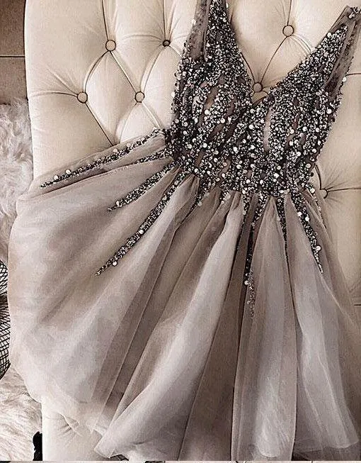 Sequins Beaded V-neck Tulle Short Prom Dresses Gray Homecoming Dresses  PD336