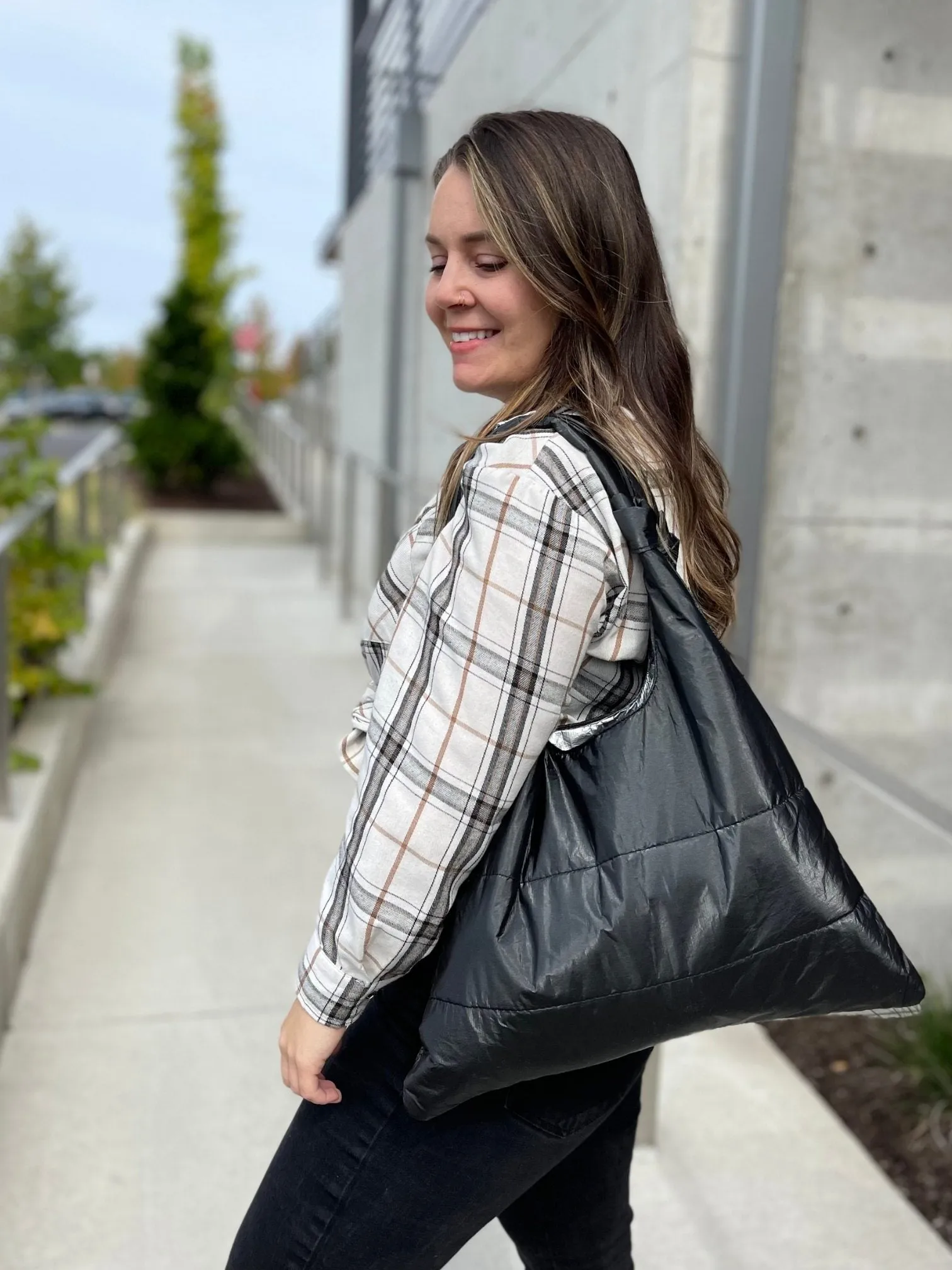 Set of Two - Everyday Puffer "Knot" Purse Tote Essentials in Shimmer Black and Plaid