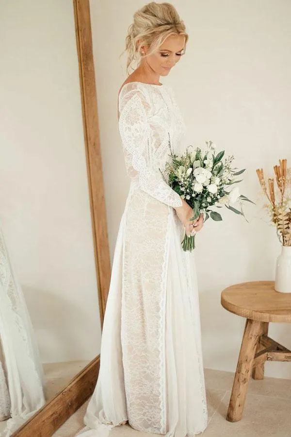 Sheath Bateau Long Sleeves Backless Chiffon Wedding Dress with Lace WD400