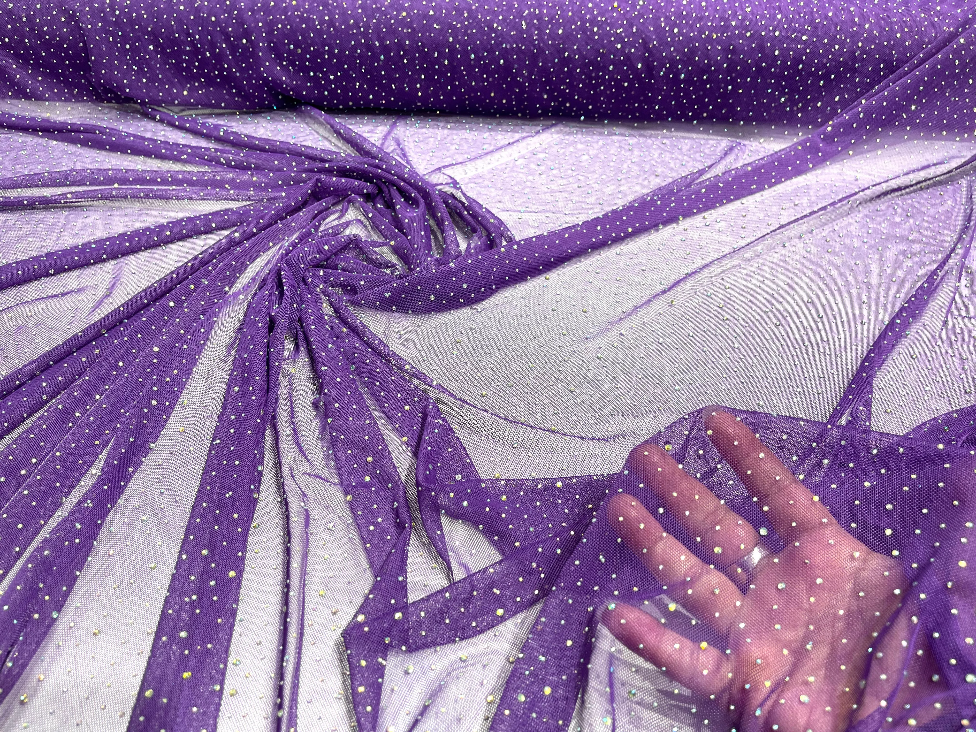 Sheer All Over AB Rhinestones On Stretch Power Mesh Fabric, Dancewear- Sold By The Yard.