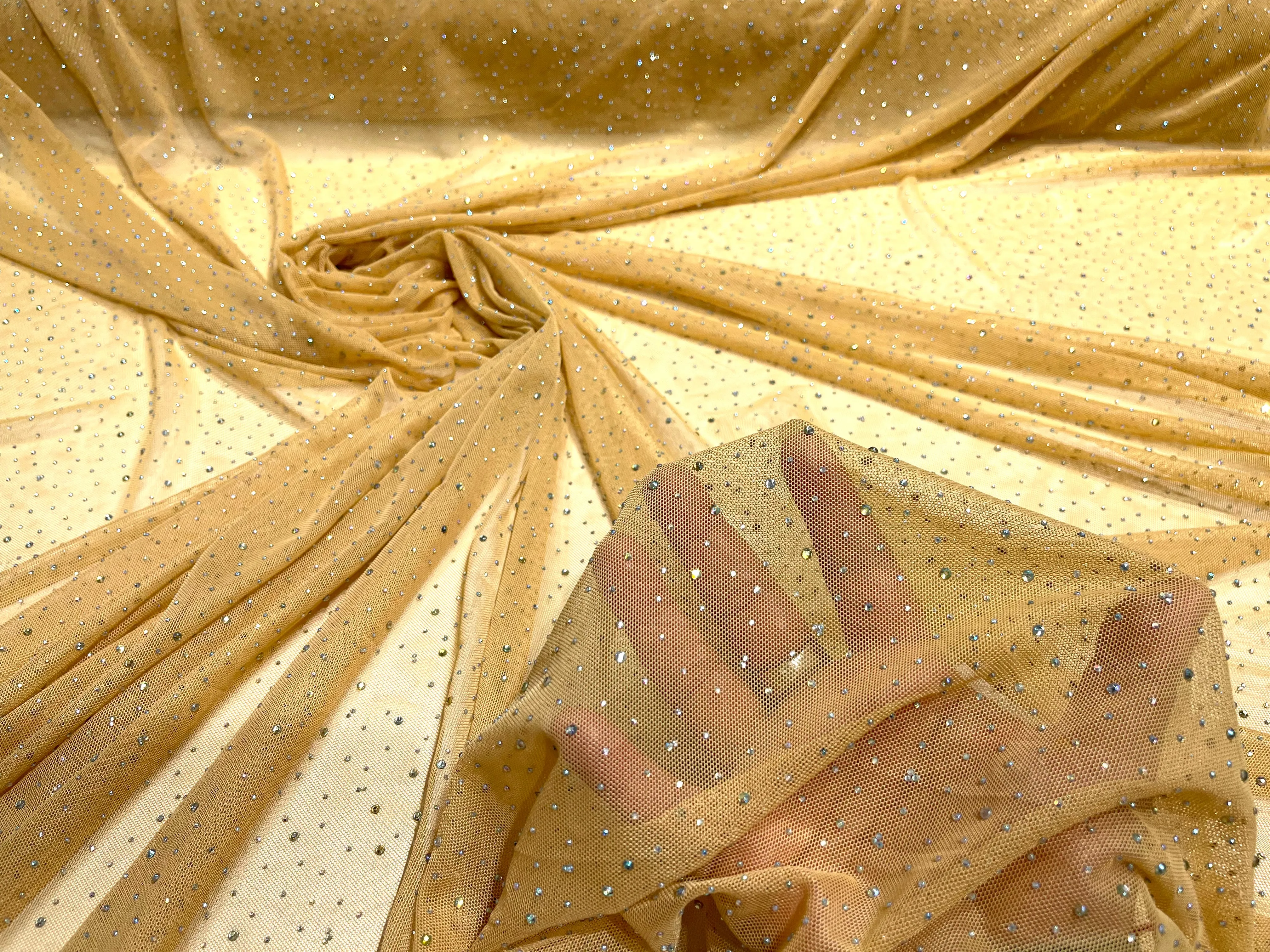 Sheer All Over AB Rhinestones On Stretch Power Mesh Fabric, Dancewear- Sold By The Yard.