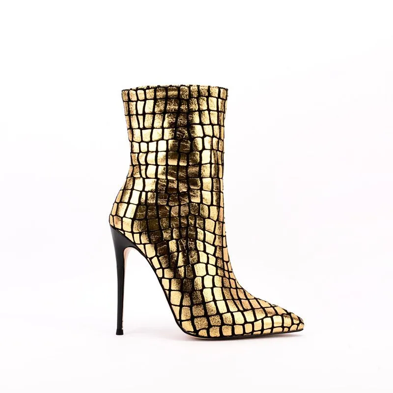 Shiny Checkered Pointed Toe High Heels Ankle-Boots