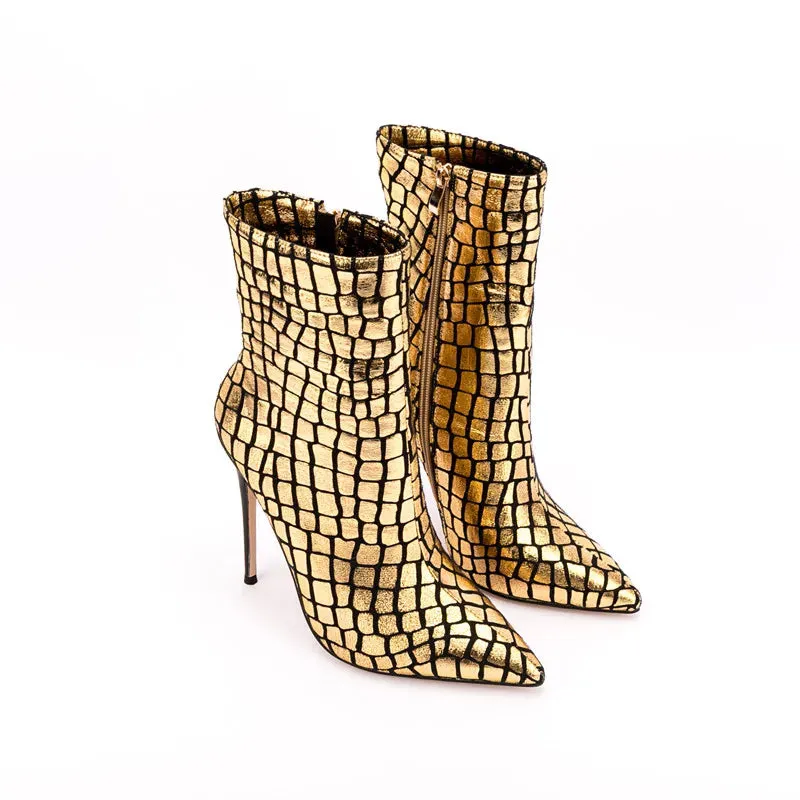 Shiny Checkered Pointed Toe High Heels Ankle-Boots