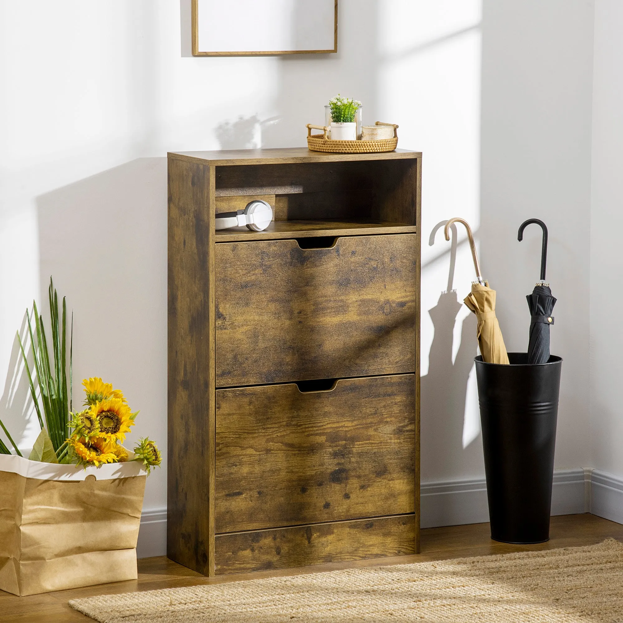 Shoe Cabinet with 2 Flip Doors, Slim 2-Drawer Shoe Cupboard with Adjustable Divider and Open Compartment, Entryway Storage Unit, Rustic Brown