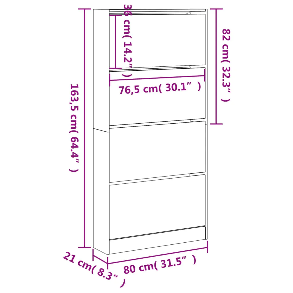 Shoe Cabinet with 4 Flip-Drawers Grey Sonoma 80x21x163.5 cm