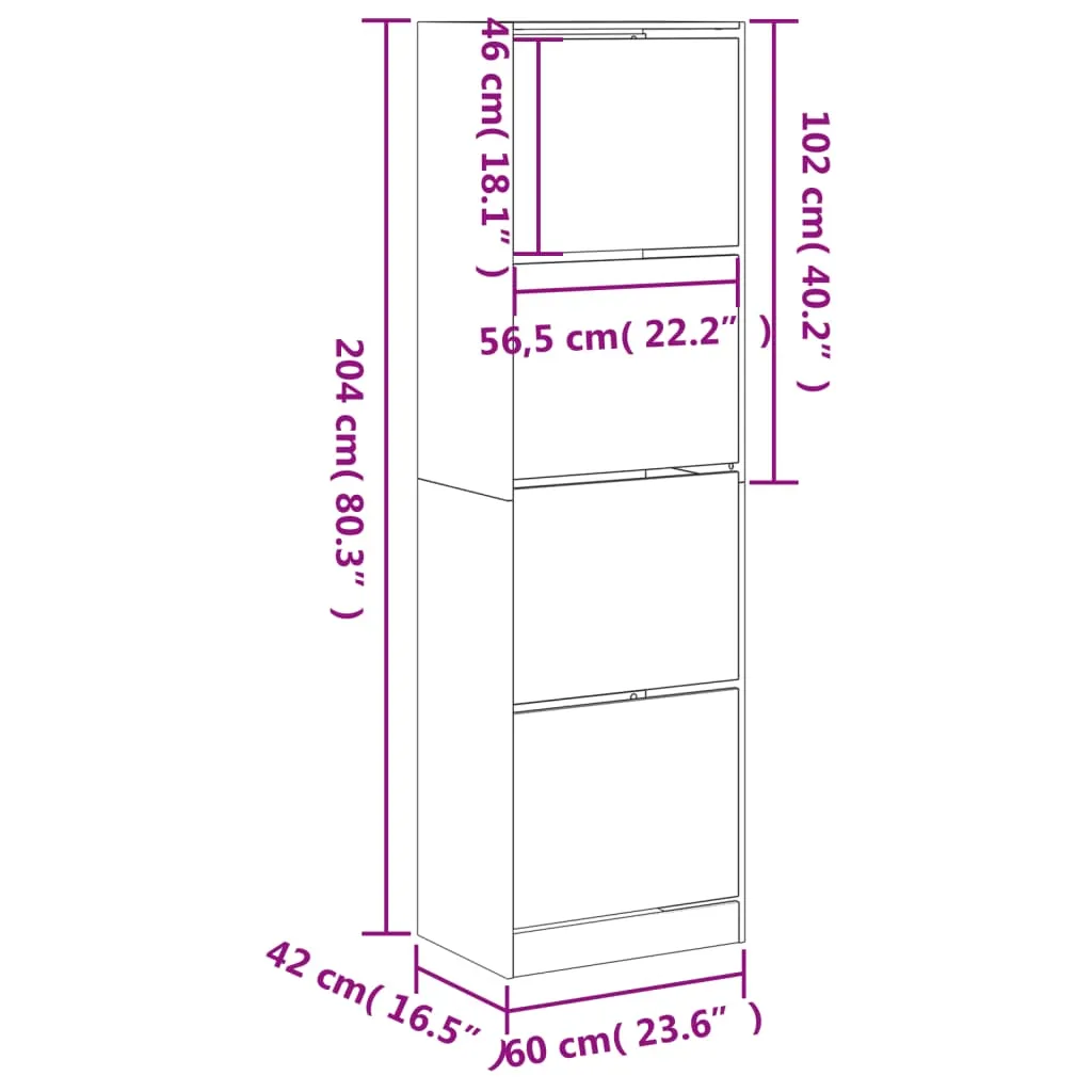 Shoe Cabinet with 4 Flip-Drawers White 60x42x204 cm