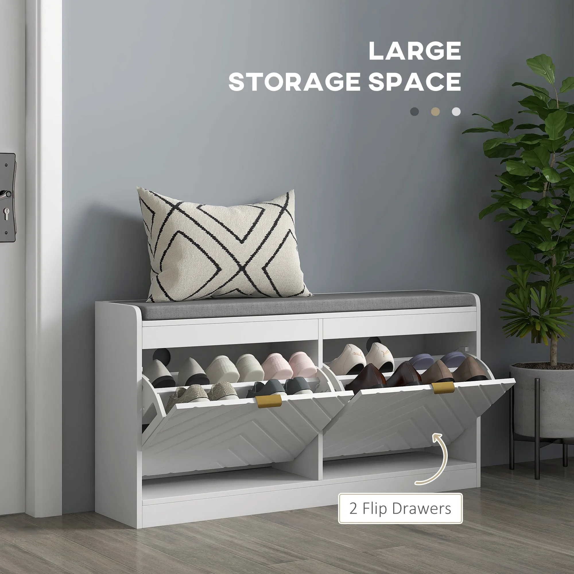 Shoe Storage with Seat, Upholstered Entryway Bench, Shoe Bench with 2 Flip Drawers and 2 Vents for 8 Pairs of Shoes