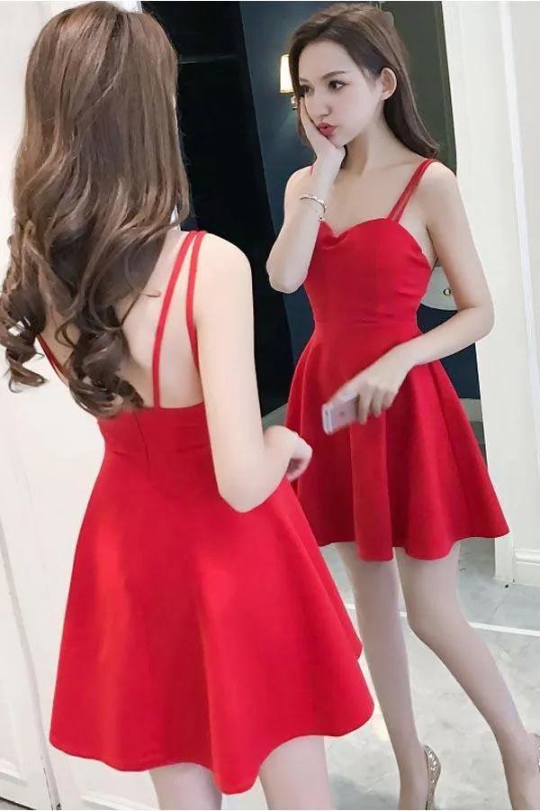 Simple Straps Sweetheart Red Satin Homecoming Dresses Party Dresses PD091