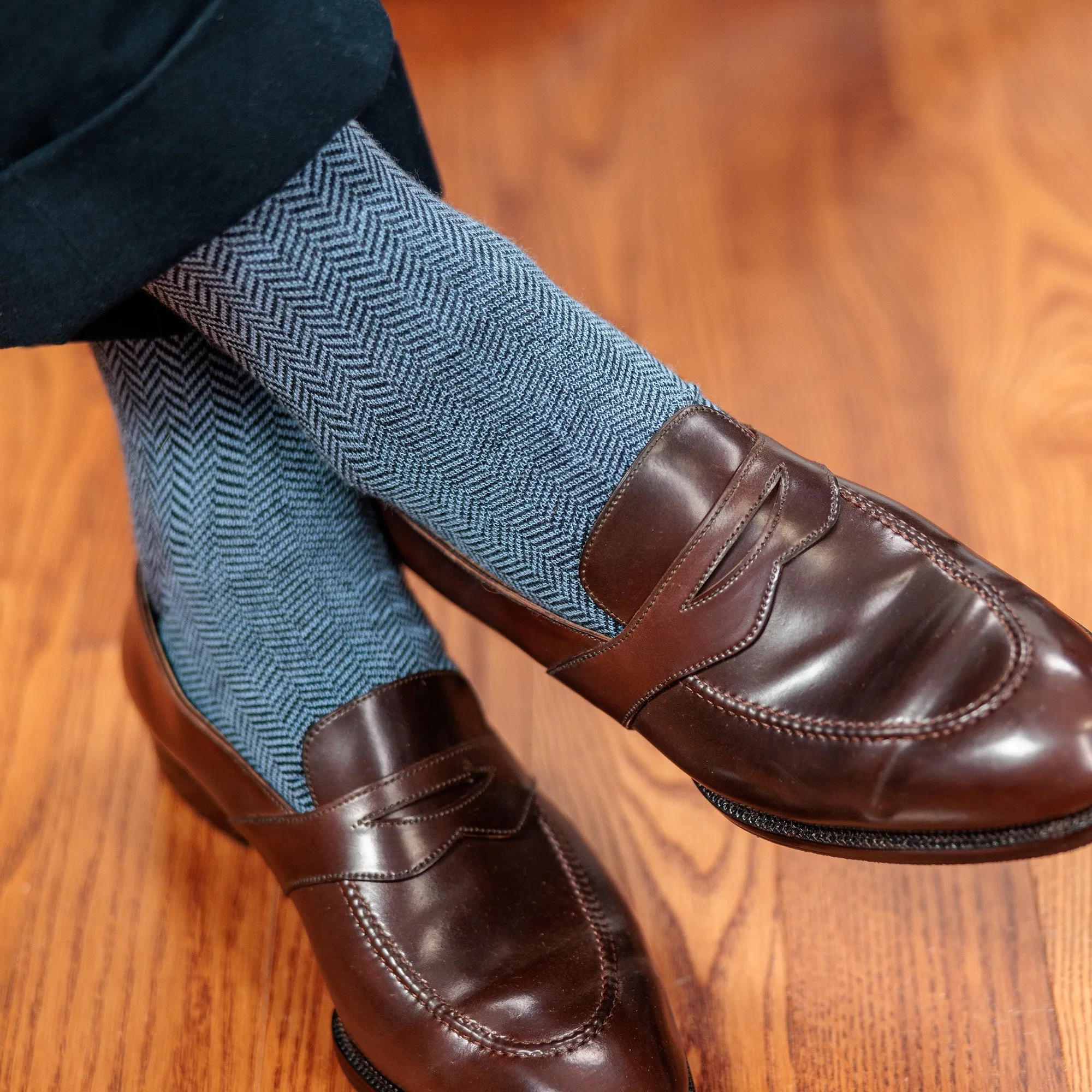 Sky Blue and Black Herringbone Merino Wool Over the Calf Dress Socks