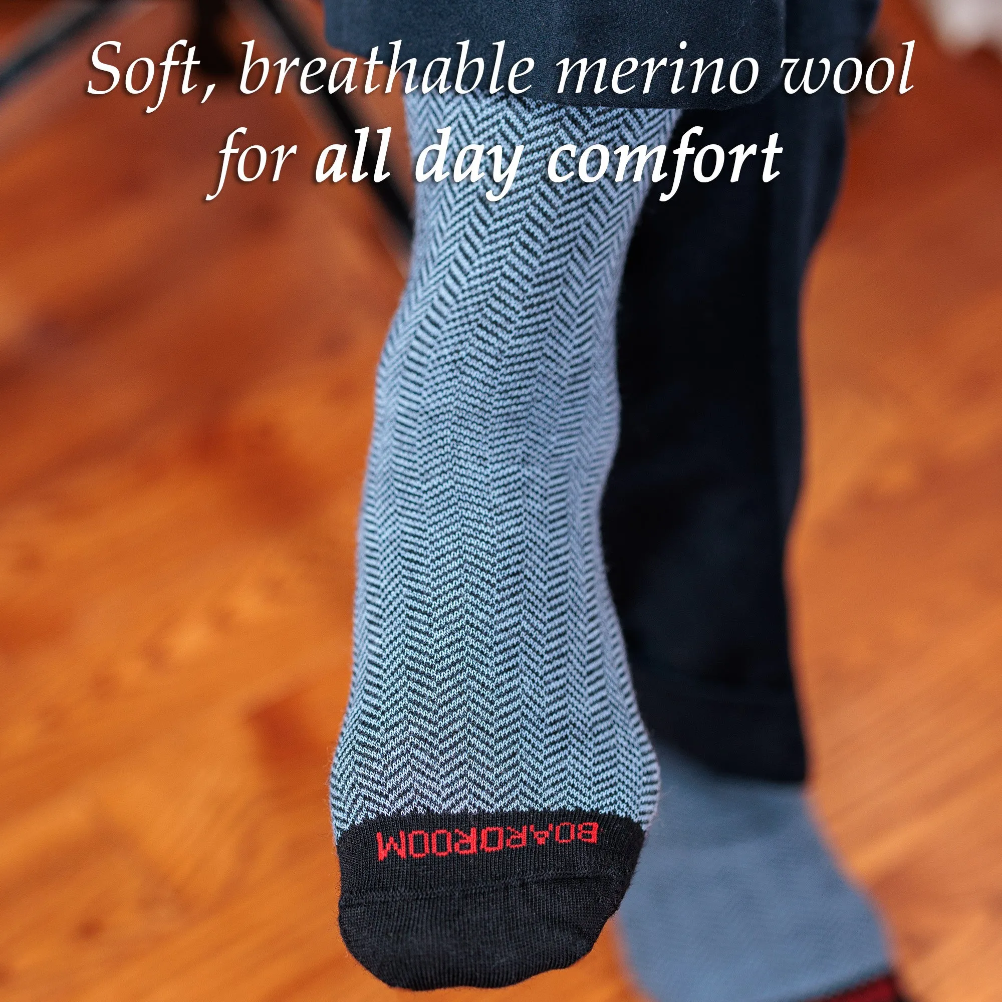 Sky Blue and Black Herringbone Merino Wool Over the Calf Dress Socks