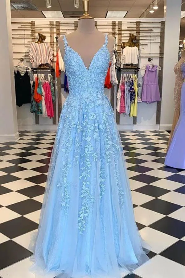 Sky Blue Lace Prom Dresses Long V Neck Rose Red Formal Dress PG810