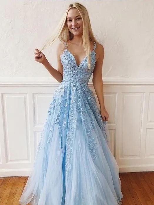 Sky Blue Lace Prom Dresses Long V Neck Rose Red Formal Dress PG810