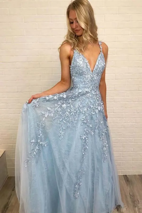 Sky Blue Lace Prom Dresses Long V Neck Rose Red Formal Dress PG810