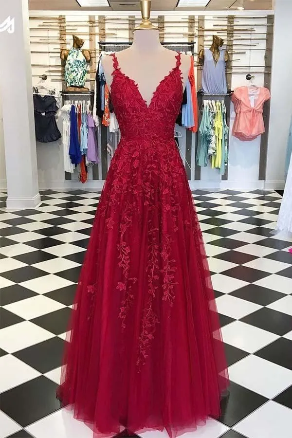 Sky Blue Lace Prom Dresses Long V Neck Rose Red Formal Dress PG810