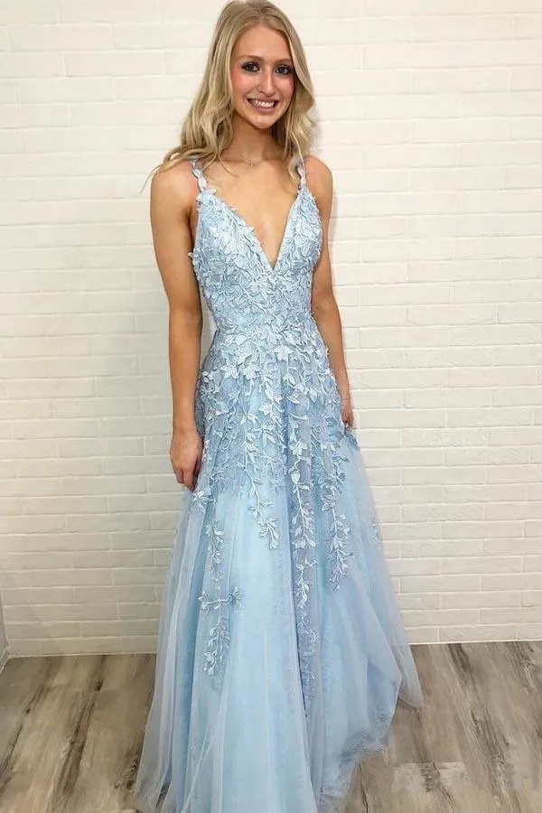 Sky Blue Lace Prom Dresses Long V Neck Rose Red Formal Dress PG810