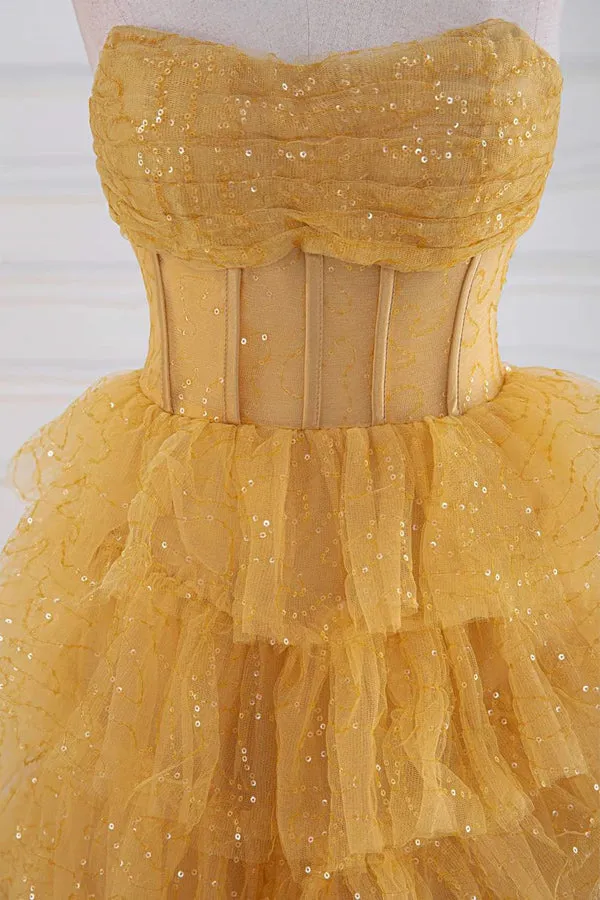 Sparkly Tiered Ruffles Gold Prom Dress Strapless Evening Dress PSK569