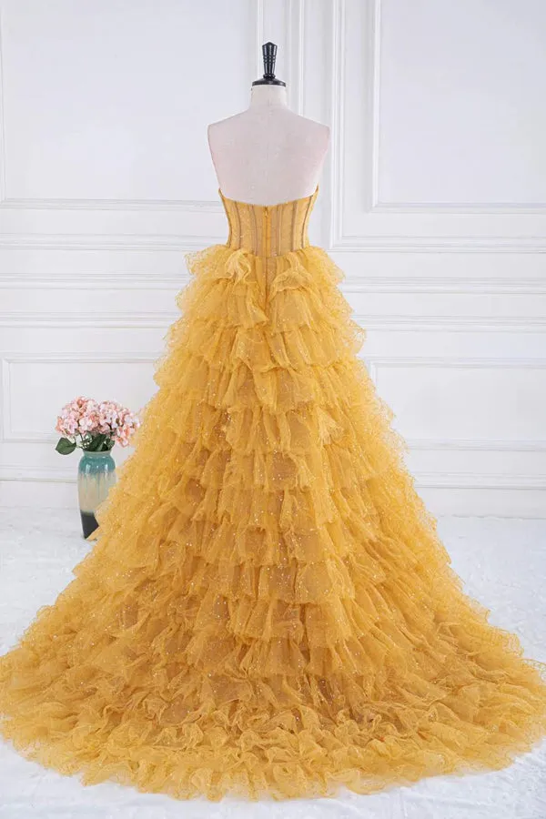 Sparkly Tiered Ruffles Gold Prom Dress Strapless Evening Dress PSK569