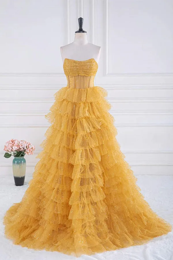 Sparkly Tiered Ruffles Gold Prom Dress Strapless Evening Dress PSK569