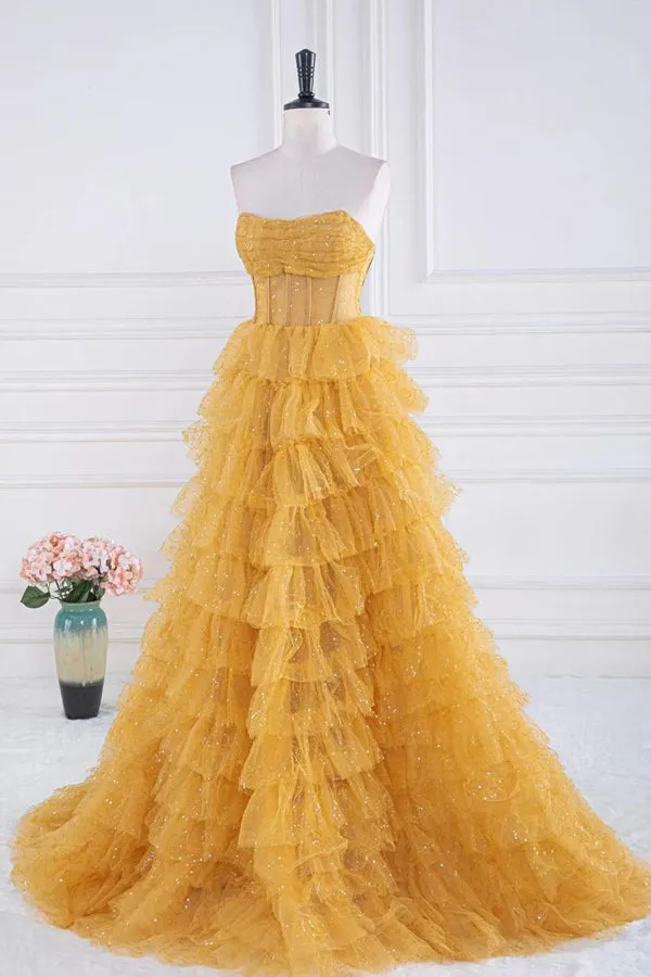 Sparkly Tiered Ruffles Gold Prom Dress Strapless Evening Dress PSK569