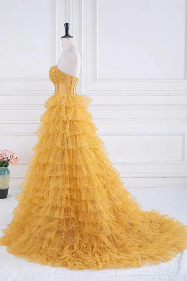 Sparkly Tiered Ruffles Gold Prom Dress Strapless Evening Dress PSK569