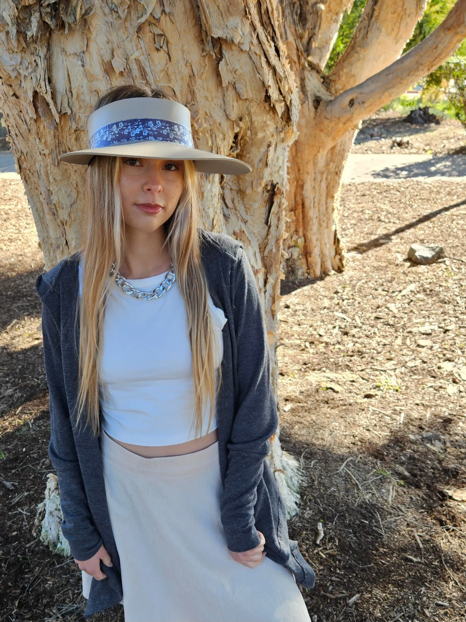 Taupe "LadyEVA" Visor Hat with Purple/Blue/Silver Floral Band