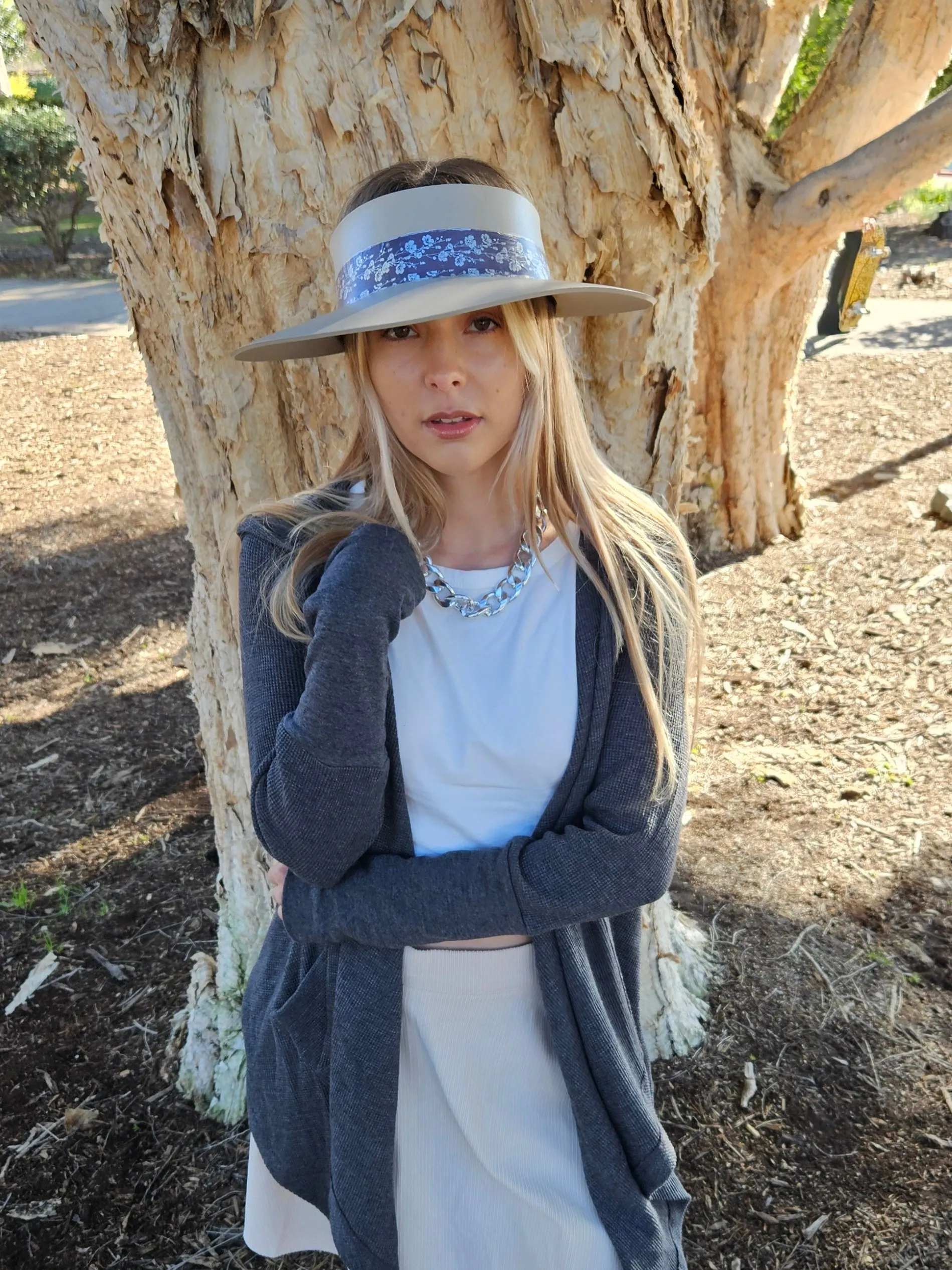 Taupe "LadyEVA" Visor Hat with Purple/Blue/Silver Floral Band