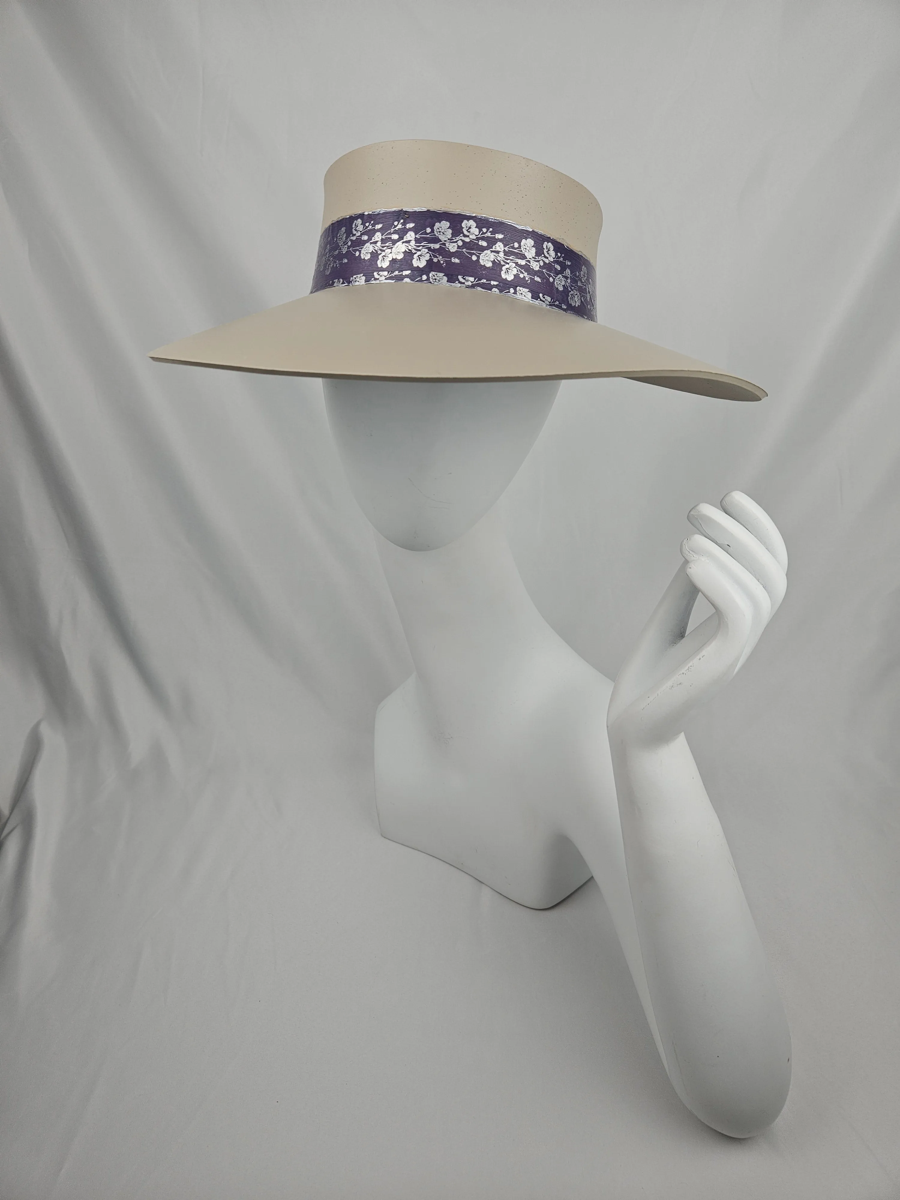 Taupe "LadyEVA" Visor Hat with Purple/Blue/Silver Floral Band