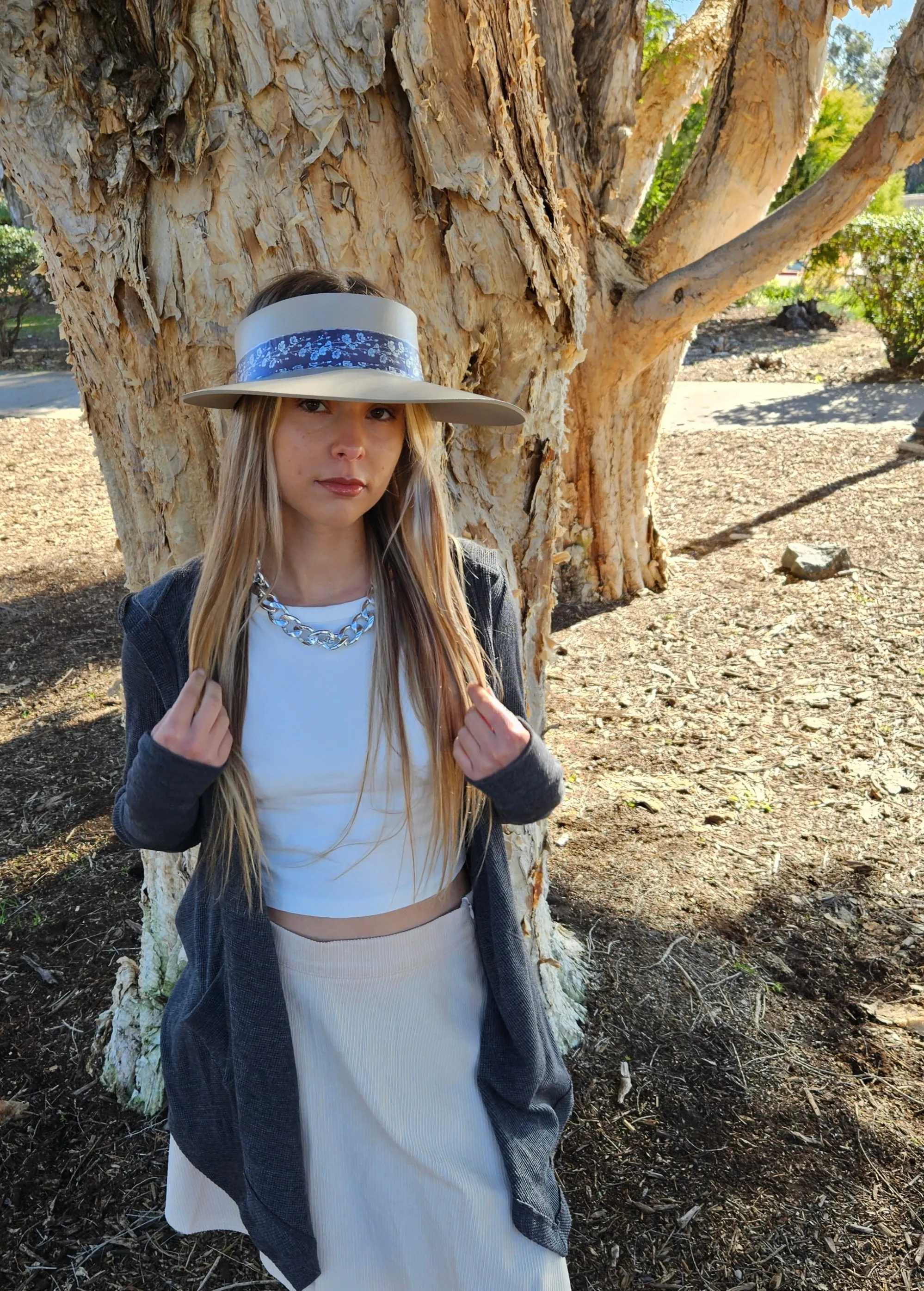 Taupe "LadyEVA" Visor Hat with Purple/Blue/Silver Floral Band