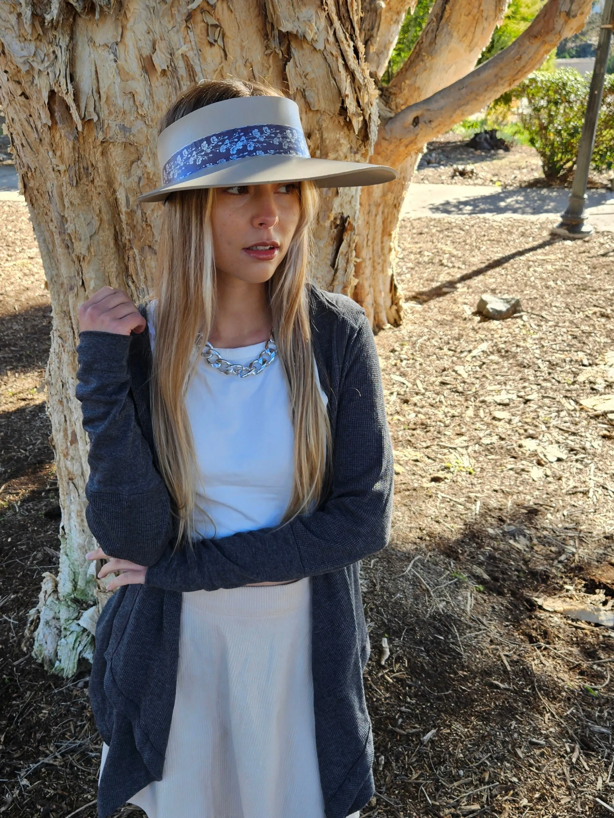 Taupe "LadyEVA" Visor Hat with Purple/Blue/Silver Floral Band